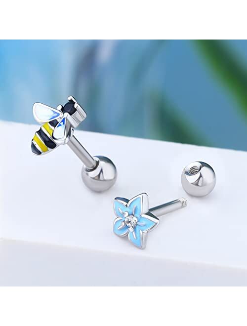 OUFER 2PCS 16G Helix Earrings, 316L Stainless Steel Tragus Earring Studs, Flower Cartilage Earrings, Colorful Gem Helix Piercing Jewelry