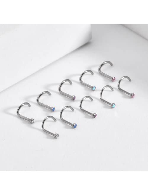 Generic 5pcs 18G 20G Small Twist Screw Shaped Titanium Nose Screw Studs 2mm Clear CZ Nose Ring for Women and Men | White/AQ/Pink/AB/VM Cubic Zircon Nose Piercing