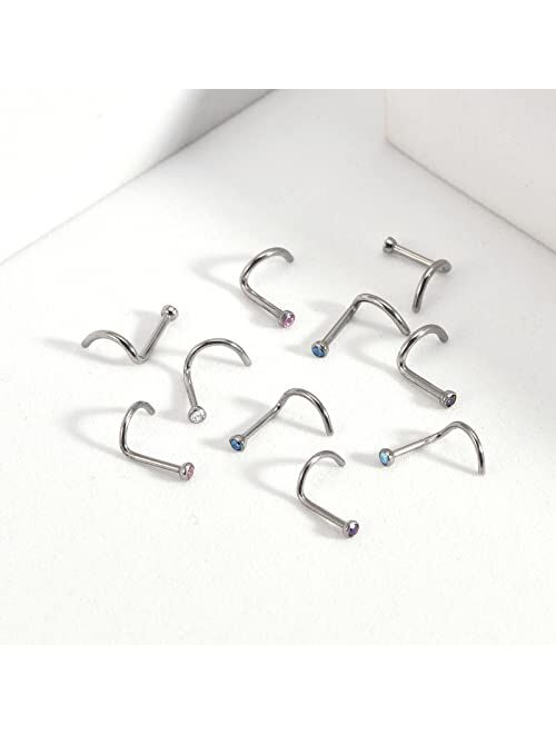 Generic 5pcs 18G 20G Small Twist Screw Shaped Titanium Nose Screw Studs 2mm Clear CZ Nose Ring for Women and Men | White/AQ/Pink/AB/VM Cubic Zircon Nose Piercing