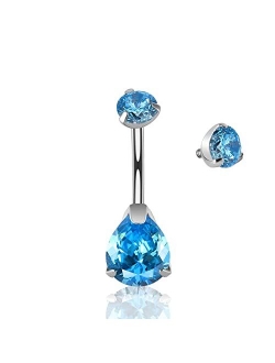 Generic 14G G23 Solid Titanium Belly Button Rings with 10mm Internally Threaded Belly Bars Naval Rings Piercing Jewelry Cubic Zirconia Ball Top Tri-Prong Set Pear | Round