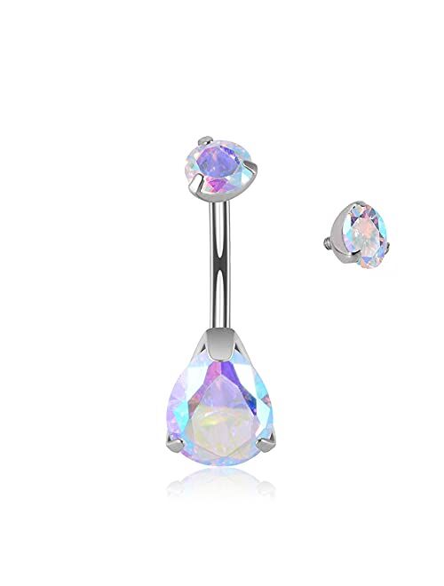 Generic 14G G23 Solid Titanium Belly Button Rings with 10mm Internally Threaded Belly Bars Naval Rings Piercing Jewelry Cubic Zirconia Ball Top Tri-Prong Set Pear | Round