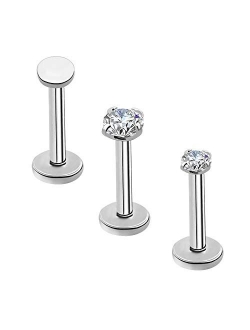 COCHARM 3pcs Titanium Lip Stud 16g Internally Thread Titanium Lip Ring with 3mm CZ Top