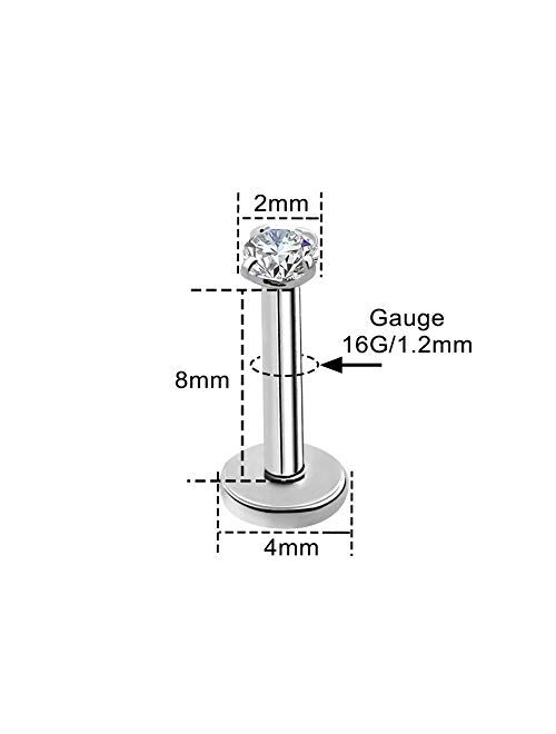 COCHARM 3pcs Titanium Lip Stud 16g Internally Thread Titanium Lip Ring with 3mm CZ Top