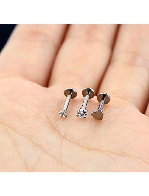 COCHARM 3pcs Titanium Lip Stud 16g Internally Thread Titanium Lip Ring with 3mm CZ Top