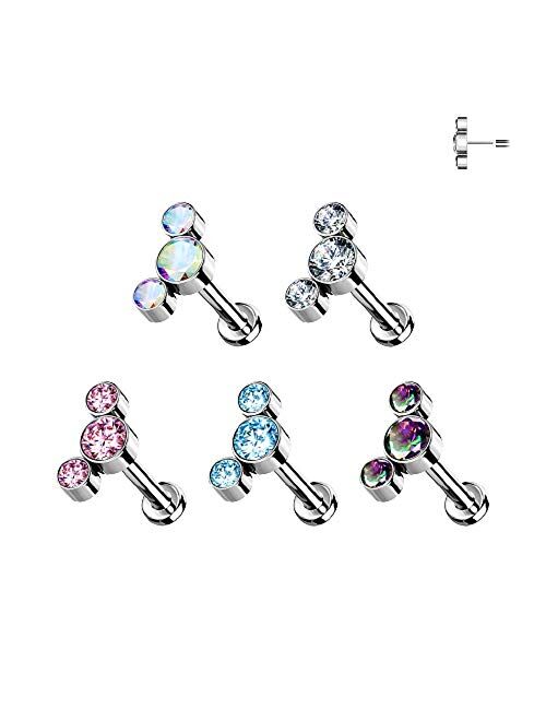 Pierced Owl 16-18GA G23 Implant Grade Titanium Threadless Push-In Triple Round CZ Crystal Curved Flat Back Lip Cartilage Ear Lobe Stud