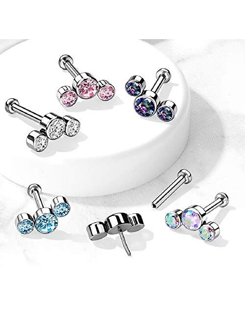 Pierced Owl 16-18GA G23 Implant Grade Titanium Threadless Push-In Triple Round CZ Crystal Curved Flat Back Lip Cartilage Ear Lobe Stud