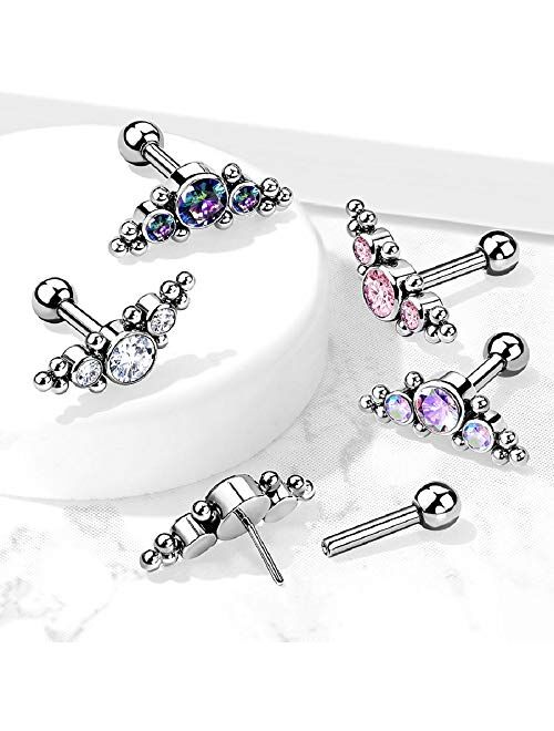 Pierced Owl 16GA G23 Implant Grade Titanium Threadless Push-in Triple CZ Crystal and Ball Clusters Cartilage Helix Ear Lobe Barbell Stud