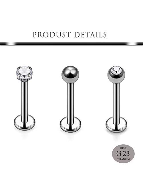 Hoeudjo 16G Solid Grade 23 (G23) Titanium Labret Monroe Lip Ring Tragus/Helix/Cartilage Earring Stud Barbell Body Piercing Jewelry for Women Men CZ Inlaid