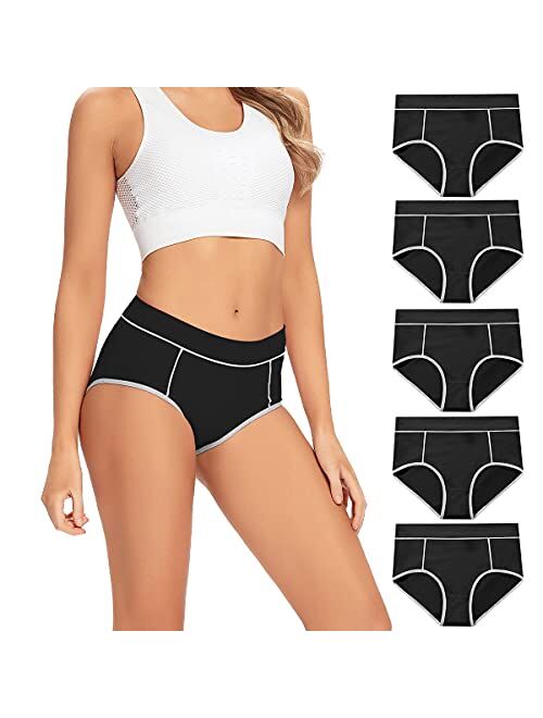 POKARLA Women's Cotton Stretch Underwear Ladies Mid-high Waisted Briefs Panties 5-Pack