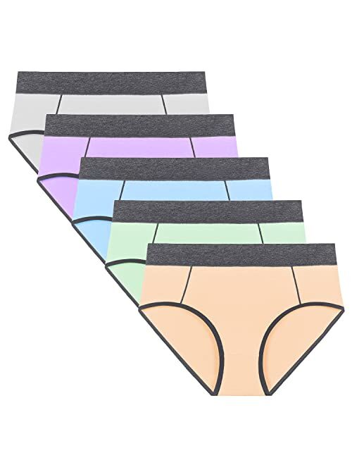 POKARLA Women's Cotton Stretch Underwear Ladies Mid-high Waisted Briefs Panties 5-Pack