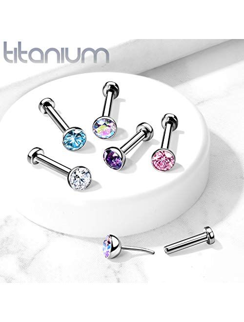 Amelia Fashion Implant Grade Titanium Threadless Push in Labret, Flat Back Studs, CZ Bezel Set Ball Top for Cartilage, Monroe, Nose and More