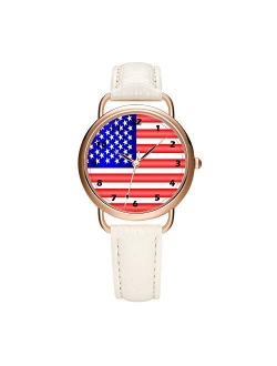 Aimshi Women's Watches Brand Luxury Fashion Ladies Watch White and Black Leather Band Gold Quartz Wristwatch Female Gifts Clock American Flag wristwatches