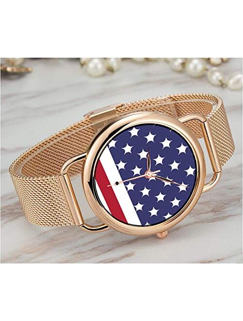 Yeaoep Women Watches Brand Luxury Ladies Mesh Belt Ultra-Thin Watch Waterproof Clock Quartz Watch Christmas Ameri'Land Flag Watch