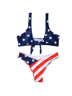 TSWRK Tie Knot Front American USA Flag Bikini Set Triangle Cheeky Bottom Two-Piece Bathing Suit