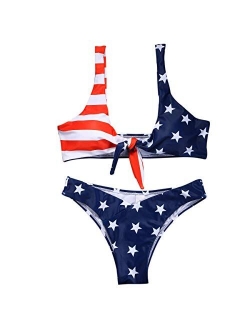 TSWRK Tie Knot Front American USA Flag Bikini Set Triangle Cheeky Bottom Two-Piece Bathing Suit