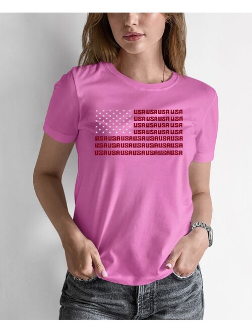 LA Pop Art Women's Word Art USA Flag T-shirt