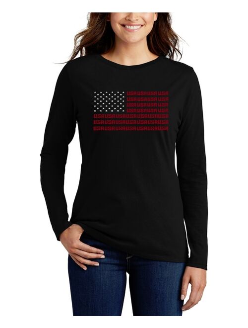 LA Pop Art Women's Long Sleeve Word Art USA Flag T-shirt