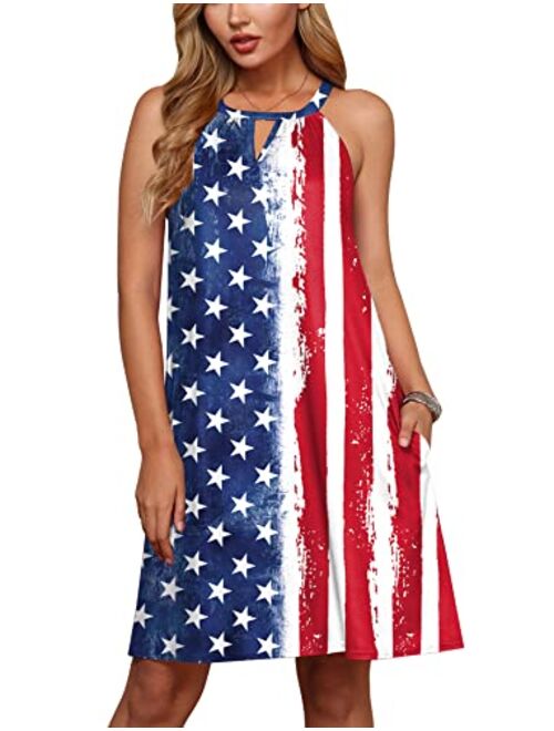 For G and PL Women's 4th of July American Flag Sleeveless Keyhole Halter Mini Dress with Pocket