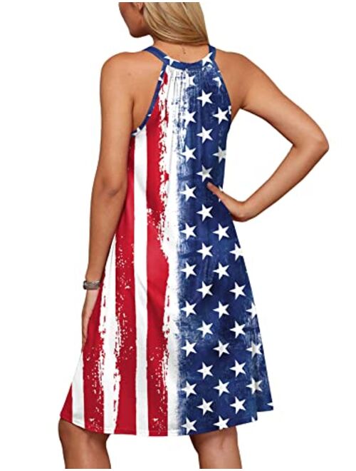 For G and PL Women's 4th of July American Flag Sleeveless Keyhole Halter Mini Dress with Pocket