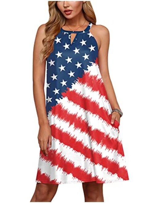 For G and PL Women's 4th of July American Flag Sleeveless Keyhole Halter Mini Dress with Pocket