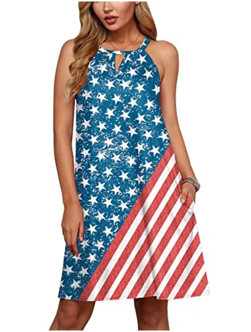 For G and PL Women's 4th of July American Flag Sleeveless Keyhole Halter Mini Dress with Pocket