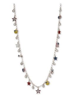 Holiday Lane Silver-Tone Crystal Patriotic Smiley 36" Station Necklace, Created for Macy's