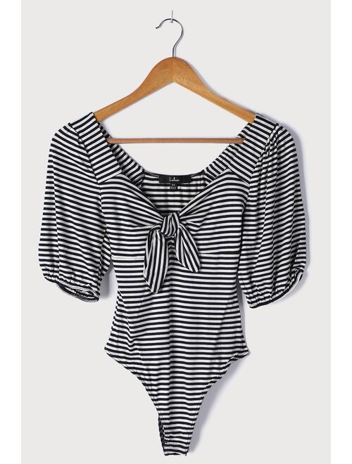 Lulus Tie Fidelity Navy Blue and White Striped Tie-Front Bodysuit