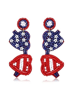 Lenoocle American Flag Beaded Earrings for Women 4th of July Earrings Patriotic Red White Blue Fourth of July Handmade Seed Bead USA Drop Dangly Earrings Independence Day