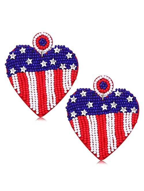 Boderier 4th of July Earrings Beaded American USA Flag Drop Dangle Earrings Heart Star Memorial Independence Day Holiday Patriotic Jewelry