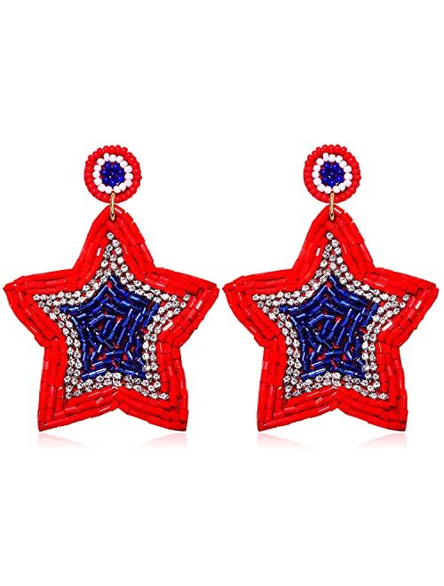 Nvenf American Flag Earrings Beaded 4th of July Patriotic Earrings for Women Handmade USA Windmill Star Heart Drop Dangle Earrings Independence Day Jewelry Gifts