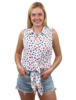 Funny Cute Red White and Blue Women's Short Sleeve Button Down Shirts for Summer