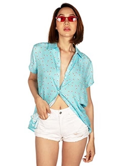 Funny Cute Red White and Blue Women's Short Sleeve Button Down Shirts for Summer