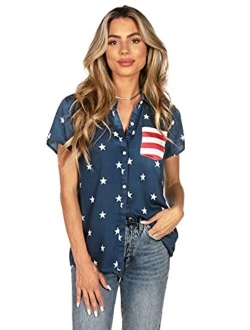 Funny Cute Red White and Blue Women's Short Sleeve Button Down Shirts for Summer