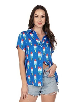 Funny Cute Red White and Blue Women's Short Sleeve Button Down Shirts for Summer