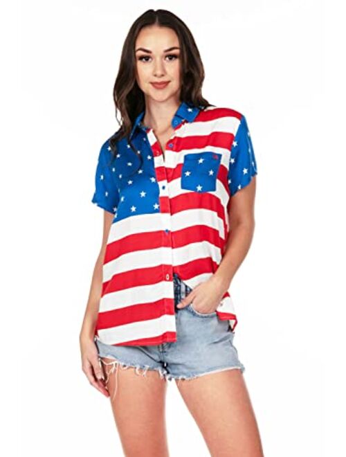 Tipsy Elves Funny Cute Red White and Blue Women's Short Sleeve Button Down Shirts for Summer