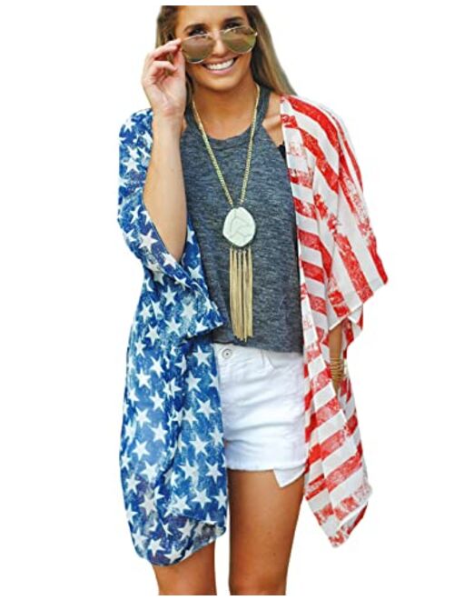 Barlver Women's American Flag Print Kimono Lightweight Cardigan Beachwear Cover up Loose Patriotic Shirt Blouse