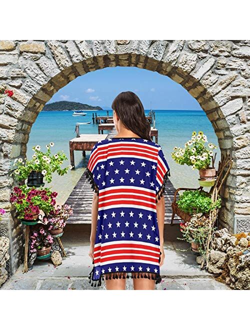 ZzWwR Women's Girls American Patriotic Stars and Stripes Flag Chiffon Tassel Bikini Swimsuit Beach Bathing Suit Cover up