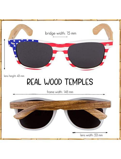 WOODIES Polarized Zebra Wood American Flag Frame Sunglasses for Men and Women | Black Polarized Lenses and Real Wooden Frame | 100% UVA/UVB Ray Protection