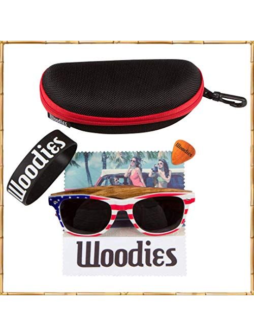 WOODIES Polarized Zebra Wood American Flag Frame Sunglasses for Men and Women | Black Polarized Lenses and Real Wooden Frame | 100% UVA/UVB Ray Protection