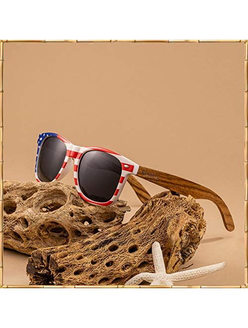 WOODIES Polarized Zebra Wood American Flag Frame Sunglasses for Men and Women | Black Polarized Lenses and Real Wooden Frame | 100% UVA/UVB Ray Protection