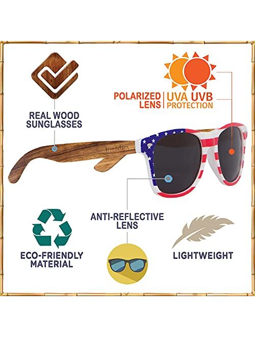 WOODIES Polarized Zebra Wood American Flag Frame Sunglasses for Men and Women | Black Polarized Lenses and Real Wooden Frame | 100% UVA/UVB Ray Protection