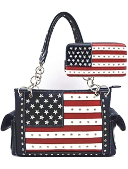 Western Origin American Flag USA Stars and Stripes Concealed Carry Purse Women Country Handbag Wallet Set Red White Blue