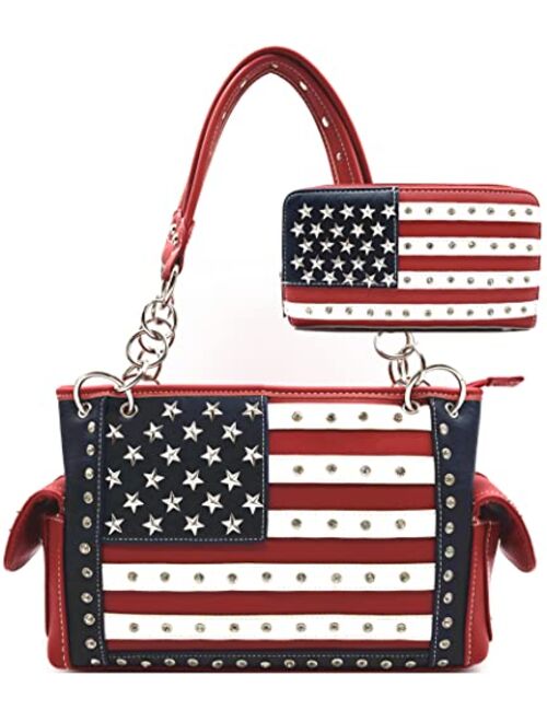 Western Origin American Flag USA Stars and Stripes Concealed Carry Purse Women Country Handbag Wallet Set Red White Blue