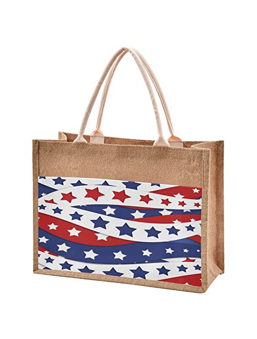 Alaza Usa Flag Patriotic Stars Stripes Pattern Jute Tote Bag Handbag Reusable Grocery Shopping Purses Women Beach Bag