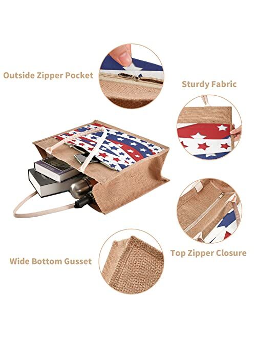 Alaza Usa Flag Patriotic Stars Stripes Pattern Jute Tote Bag Handbag Reusable Grocery Shopping Purses Women Beach Bag