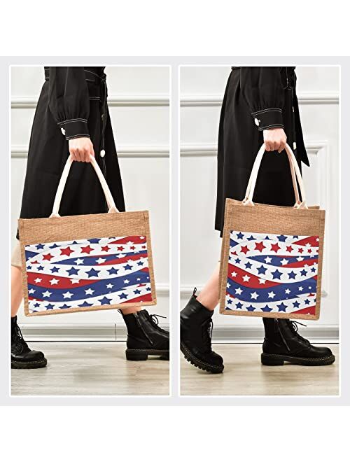 Alaza Usa Flag Patriotic Stars Stripes Pattern Jute Tote Bag Handbag Reusable Grocery Shopping Purses Women Beach Bag