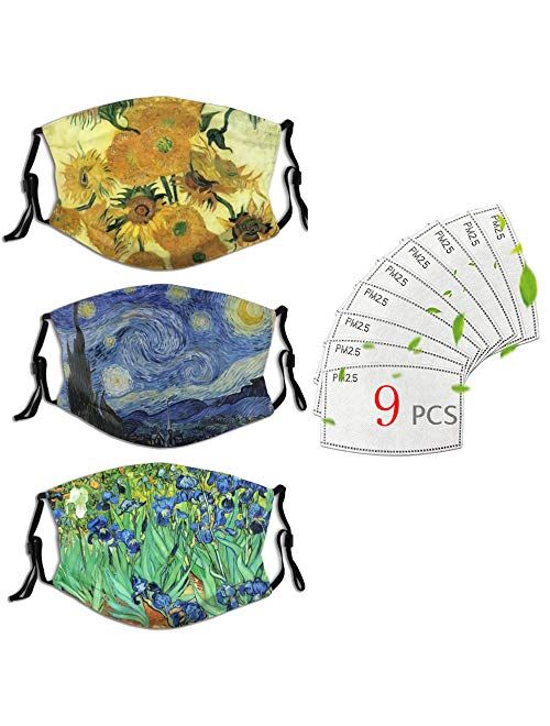 Leeyien Personalized Reusable 3Pack Mouth Face Protection with 9pcs Filters Adjustable Ear Loops Van Gogh Pattern