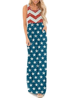 For G and PL Women's 4th of July American Flag Sleeveless Tank Maxi Dress with Pockets