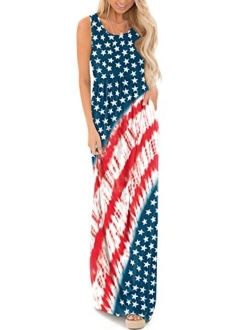 For G and PL Women's 4th of July American Flag Sleeveless Tank Maxi Dress with Pockets