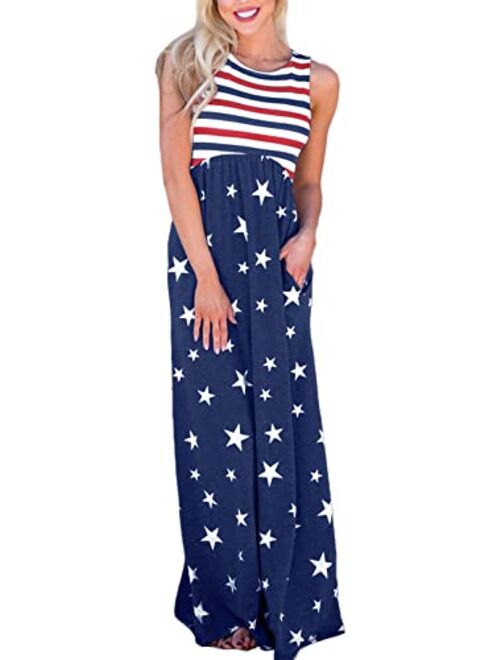 For G and PL Women's 4th of July American Flag Sleeveless Tank Maxi Dress with Pockets